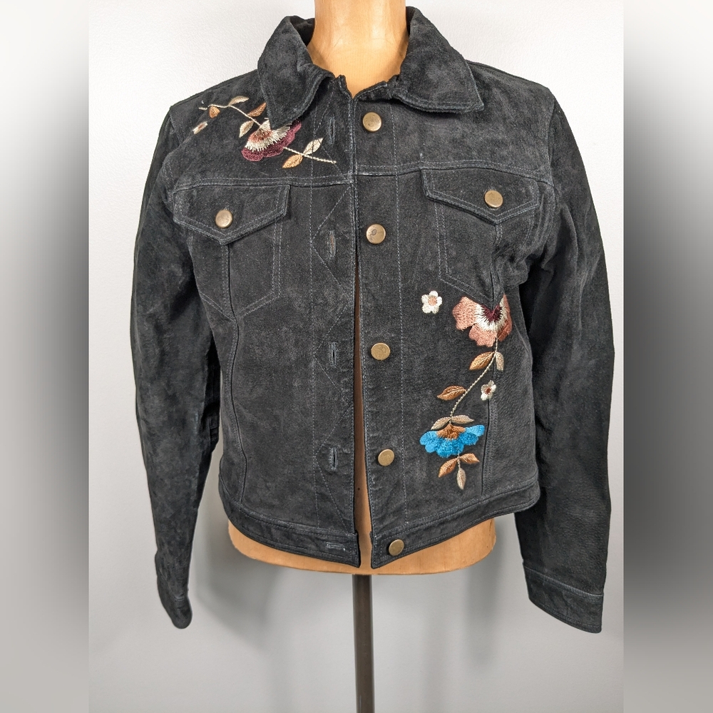 Brandon Thomas Suede Leather Jacket Womens Sz M Long Sleeve Button Floral Black - Picture 5 of 12